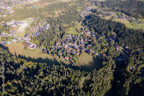 Fototapeta Naklejka Na Ścianę i Meble -  Residential Villas by Forest Edge in Zakopane, Aerial Top-Down View of Sunny Suburban Mountain District