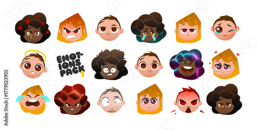 Cute Chibi Character Heads with Expressive Emotions. Perfect for Stickers, UI Avatars, and Creative Design Projects. Vector Illustration Set for Diverse Cartoon Expressions.
