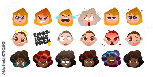 Cute Chibi Character Heads with Expressive Emotions. Perfect for Stickers, UI Avatars, and Creative Design Projects. Vector Illustration Set for Diverse Cartoon Expressions.