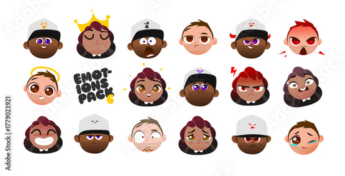 Cute Chibi Character Heads with Expressive Emotions. Perfect for Stickers, UI Avatars, and Creative Design Projects. Vector Illustration Set for Diverse Cartoon Expressions.