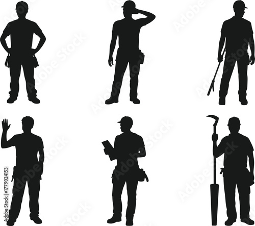 Construction workers silhouette, laborers with tools, industrial workforce, manual labor, black silhouettes, job site icons, tradesmen, occupational poses, equipment, teamwork