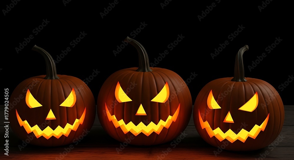 Fototapeta premium Three Spooky Jack-o-Lanterns Glowing in the Dark for Halloween.