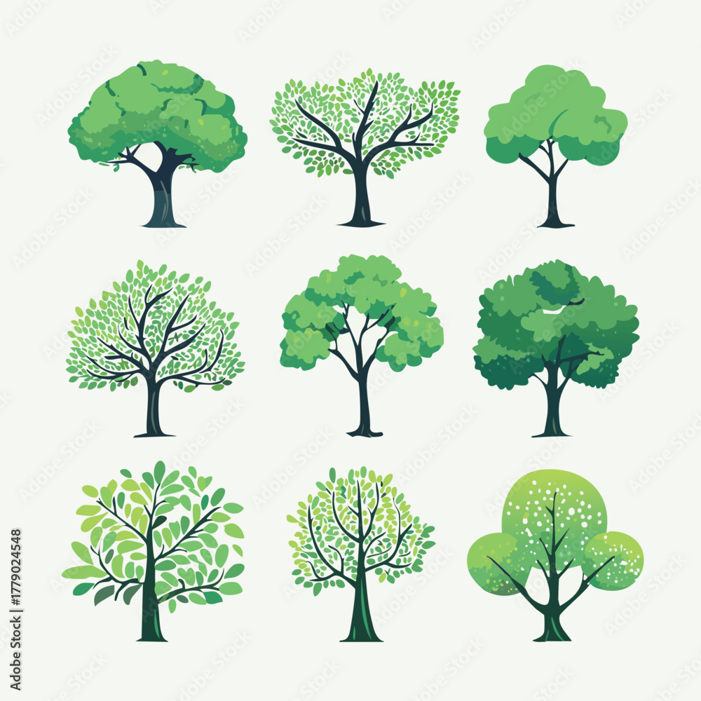 Fototapeta premium Ensemble de 9 Illustrations Silhouettes d'Arbres pour Paysagiste, Couleur Vert, Dessin Vecteur