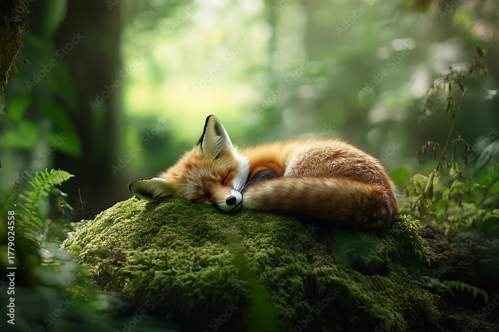 Naklejka premium Generative AI image of a peaceful red fox sleeping in the summer forest with a delicate butterfly resting on its head in warm natural light