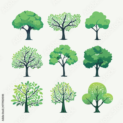 Ensemble de 9 Illustrations Silhouettes d'Arbres pour Paysagiste, Couleur Vert, Dessin Vecteur