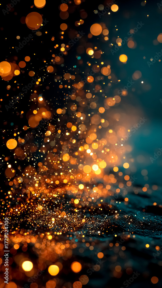Obraz premium Golden Glitter Particles on Dark Reflective Surface. Bokeh Light, Festive Sparkle, Abstract Background, Shiny.
