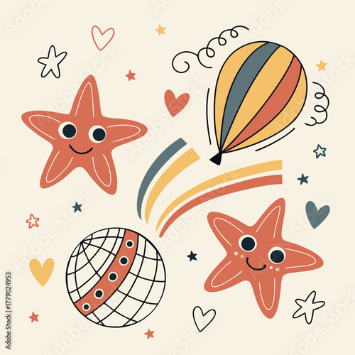 Abstract Organic Blob Shapes with Funky Stars and Hearts – Playful Vector Doodle Pattern