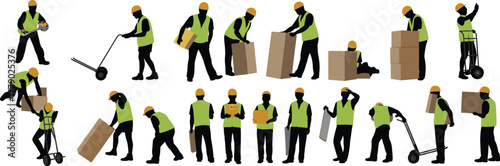 Silhouette workers, safety helmet, high visibility vest, manual handling, lifting boxes, warehouse labor, pallet jack, ergonomics, industrial training, posture guide