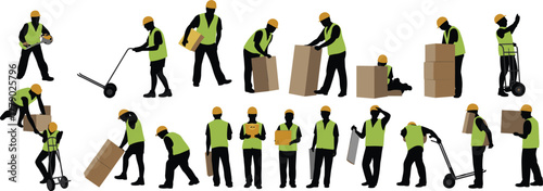 Warehouse workers, safety gear, manual labor, lifting boxes, logistics team, construction site, industrial workforce, packaging tasks, hard hats, teamwork efficiency