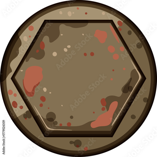 Hexagonal Bolt Head With Rust and Corrosion Showing A Worn Metal Surface Texture In A Close Up Isolated View