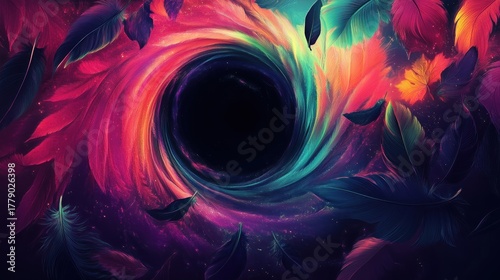 Swirling void with colorful feathers and vibrant hues
