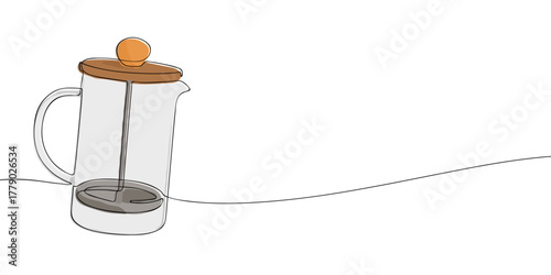 One line drawing of a French press coffee maker with brown lid on white background. Minimal continuous line art for cafe, beverage, and kitchen design.