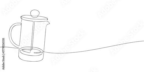 One line drawing of a French press coffee maker on white background. Minimal continuous line art for cafe, breakfast, and beverage design.