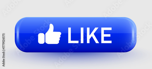 Glossy blue Like button with thumbs up icon. A modern social media interface element.
