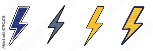 Thunderbolt icon vector set featuring isolated lightning symbols perfect for thunderstorm, weather signs, energy, power, and digital design projects on white background
