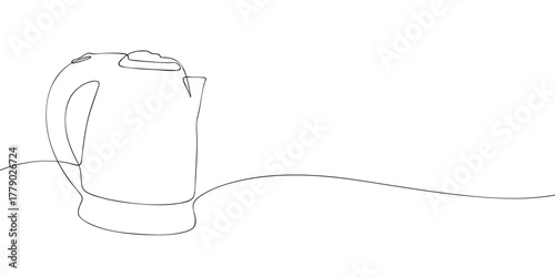 Continuous one line drawing of an electric kettle with handle and spout. Minimal vector illustration for kitchen, tea, coffee, or appliance design template.