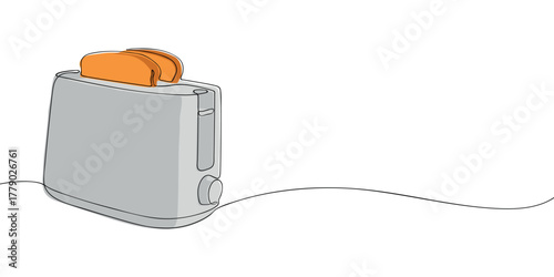 Continuous one line drawing of a toaster with two slices of bread. Minimal vector illustration for kitchen, breakfast, appliance, or food design template.