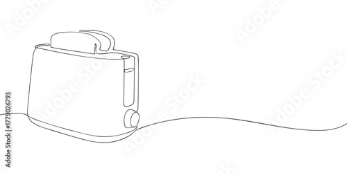 One line drawing of an electric toaster with bread slice on white background. Minimal continuous line art for breakfast, kitchen, and appliance design.