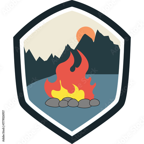 Illustration of a Campfire with Mountains and Sun at Dusk in a Shield Emblem