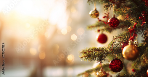 クリスマスツリーと光ボケの背景　新年　グリーティングカード