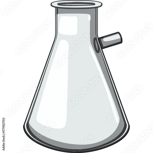 Illustration of a clear conical laboratory flask with a side arm on a transparent background representing scientific equipment and experimentation