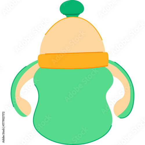 Illustration Of A Cute Green Cartoon Character Wearing A Yellow Scarf And A Beige Hat With A Green Pom Pom On Top Isolated On White