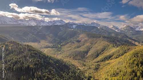 Panoramic aerial view of the Tatra mountains and forested valleys in Poland, autumn