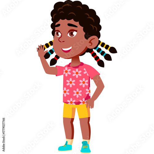 Happy Young Black Girl With Braids Waving Hello Wearing A Pink Floral Shirt and Yellow Shorts Standing On A White Background