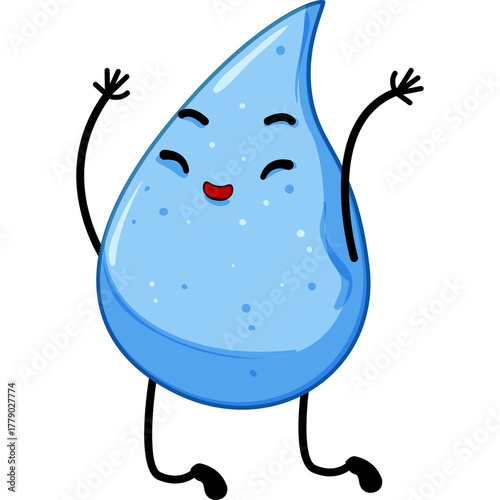 Happy Blue Water Drop Cartoon Character With Arms Raised And Legs Extended In A Joyful Pose Against A Transparent Background