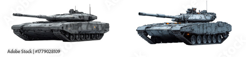 Two modern battle tanks viewed from the side, isolated on transparent background