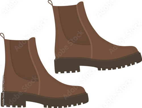 Pair of women's brown leather boots isolated on white background. Shoes with elastic side panels 