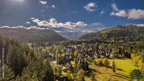 Fototapeta Naklejka Na Ścianę i Meble -  Mountain village in Poland surrounded by forest, aerial autumn panorama