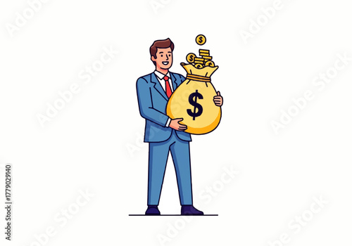 Wealthy Investor: A confident investor clutches a overflowing bag of coins, symbolizing financial abundance and investment success, this image represents financial growth.