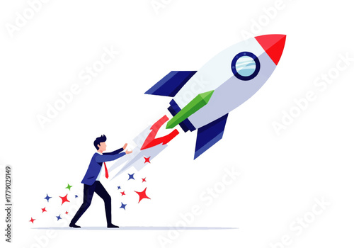 Launching Ambition: An determined individual powers a rocket towards the vast expanse, embodying the essence of aspiration, and innovation.