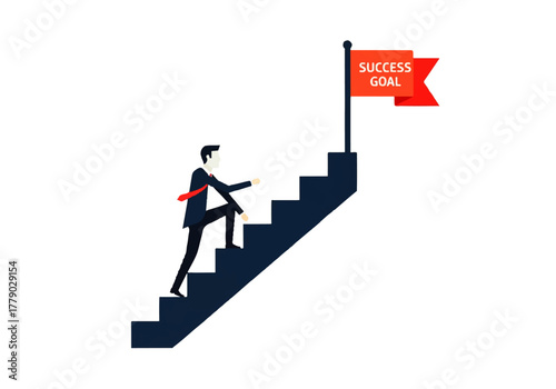 Climbing to Success: A determined figure ascends a staircase, symbolizing relentless progress, with a Success Goal flag waving at the summit.
