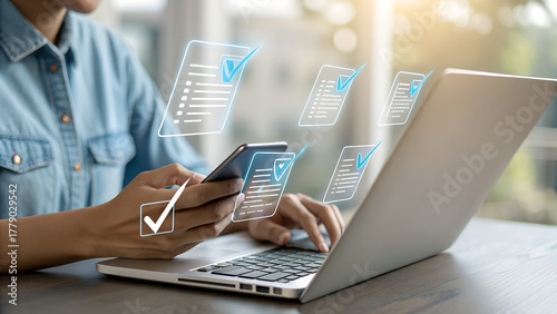 woman analyst uses a computer AI artificial intelligence and dashboard for data business analysis and Data Management System with KPI and metrics connected to the database for technology finance,