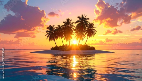 Fototapeta Naklejka Na Ścianę i Meble -  Tropical sunset scene featuring a small island with palm trees, reflected in calm waters with a vibrant, colorful sky