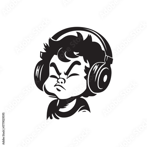 old cartoon drawing style of a mischievous kid wearing big headphones