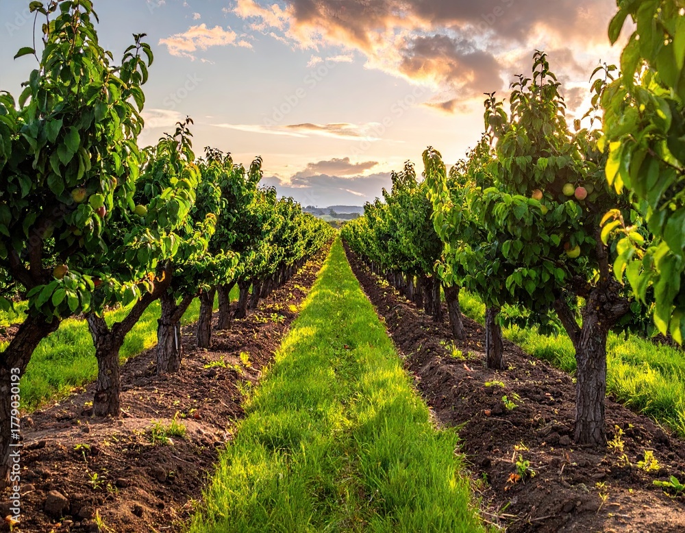Naklejka premium Sunset Over Lush Green Orchard Rows