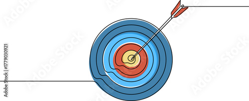 colored continuous line drawing of arrow in bullseye center of target, line art vector illustration