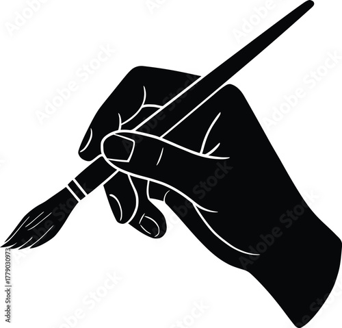 A black silhouette of a hand delicately holding a paintbrush