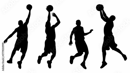 Dynamic basketball players silhouettes in action make for a striking sports design ideal for team branding and athletic promotions, capturing the energy of the game