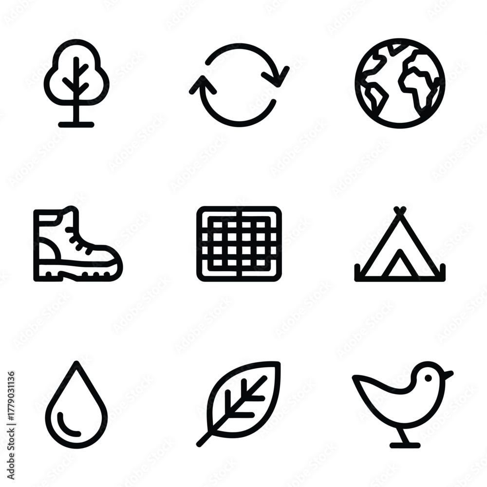 Fototapeta premium Nature and Outdoor Activity Icons Set With Tree Earth Boot Tent and Bird vector illustration
