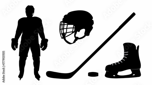 Bold hockey player silhouette with stick, puck, helmet, and skates, symbolizing determination and the spirit of the sport, perfect for branding and designs