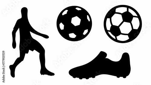 Dynamic soccer athlete illustration with ball and shoe, perfect for sports teams, event promotions, and logo designs, originally created as scalable vector art