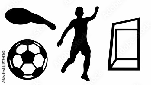 Dynamic soccer player silhouette celebrating goal with ball and net, conveying energy and victory in sports, perfect for athletic teams and passionate fans