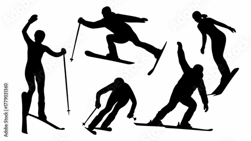 Dynamic downhill skiing silhouettes for winter sports promotions, energetic skiers in action, ideal for adventure and recreation designs, scalable vector origin