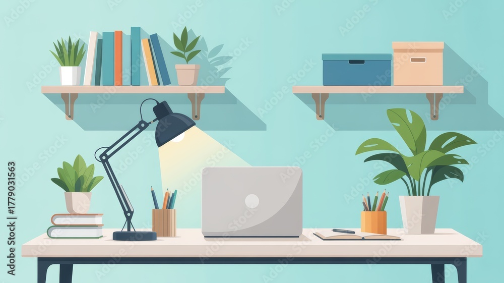 Fototapeta premium A modern desk setup featuring a laptop, potted plants, books, and a lamp against a light blue wall.