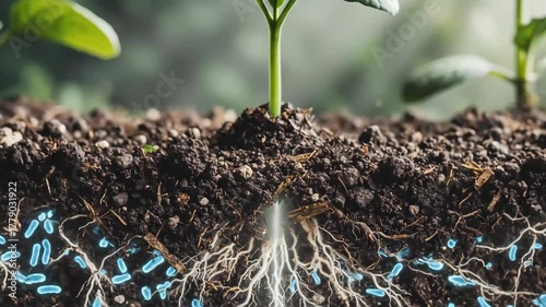 Plant Root System with Soil Microbes - A cross-section view of a plant's root system growing in soil, highlighting the interaction with soil microbes.