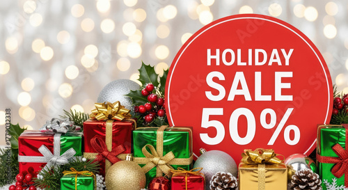 Christmas scene with colorful wrapped gifts, ornaments and a bright red sign  “HOLIDAY SALE 50%.” on shiny bokeh background. Winter festive sale concept.